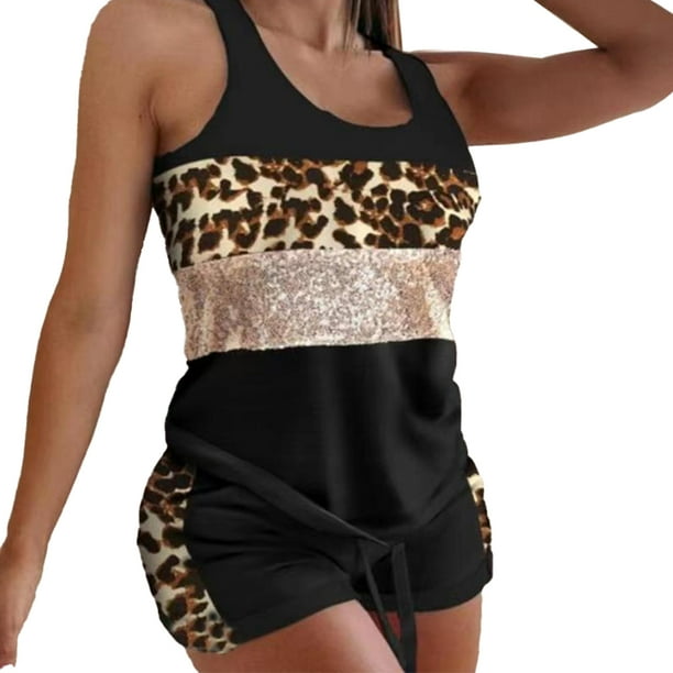 Qarigey Traje deportivo femenino estampado encantador sin mangas moda chándal Casual suelto al aire libre pantalones con cordón hogar Oficina Yoga conjuntos de ropa Leopardo XXXL Qarigey AP011468-30