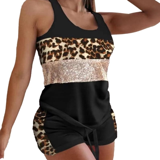 Qarigey Lady Chándal Kit Sin mangas Moda Sudadera Empalme diario Pantalones cortos con cordón suelto Inicio Yoga Viajes Playa conjuntos de ropa Leopardo METRO Qarigey AP011472-26