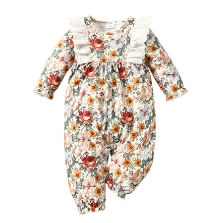 

MIHOLL Baby Girls Floral Jumpsuit Ruffle Front Long Sleeve Romper Bodysuit