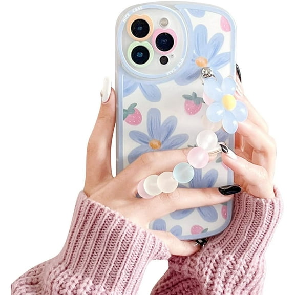 Compatible with iPhone 12 Pro Max Case,Cute 3D Flower Wrist Chain Floral Print Cover Camera Protection Shockproof Phone Case for Women Girls Design for iPhone 12 Pro Max-Blue