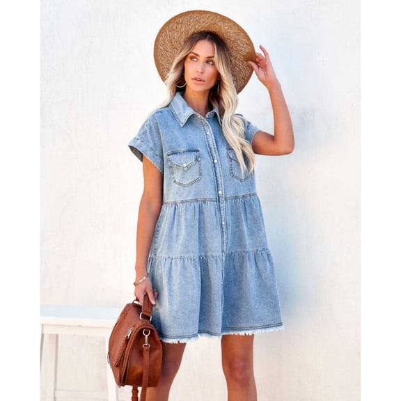 Women's Spring/Summer New Style Elegant Commuter Fashion Loose Denim Shirt Short-Sleeve Dress