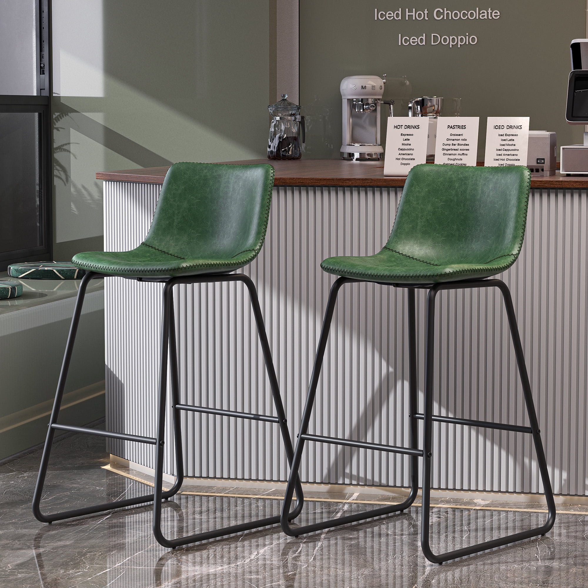 GIKPAL Bar Stools 26" Faux Leather Counter Height Barstools with Back Set of 2, Modern Counter Stools with Metal Legs and Footrest, Armless Chairs with Back for Kitchen Living Room Pub, Green