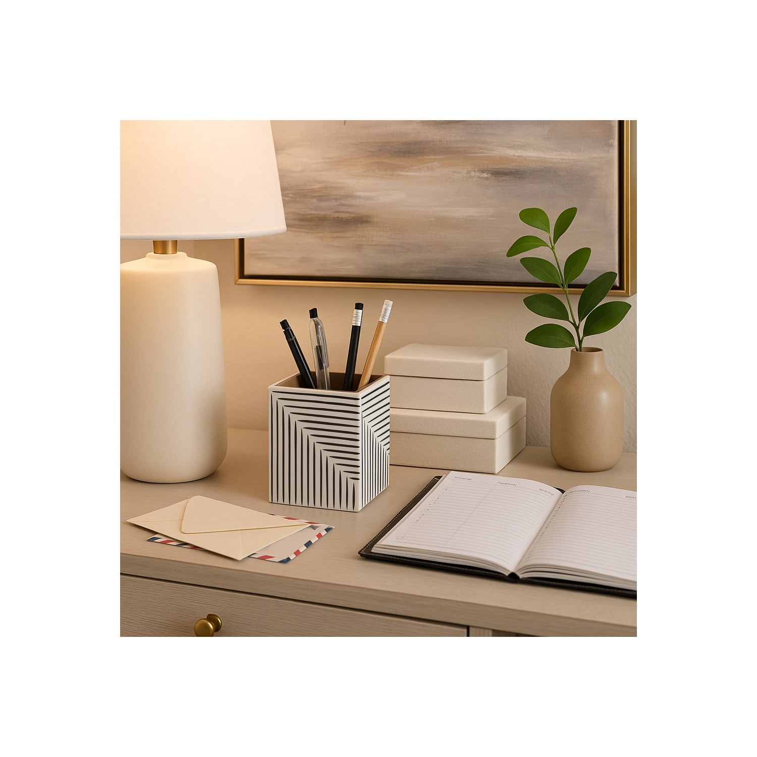 Decorative Ridged Lines Desk Organizer for Home Decor - Perfect Desktop Organizer for Workspace and Office Desk Decor - Versatile Office Accessory for Storage, Bedroom, or Kitchen - 4", Black & White