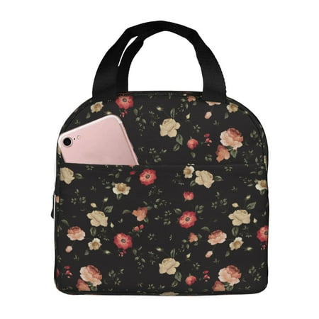 Insulated Lunch Bag for Women Men - Red white flowers Leakproof Cooler Lunch Box for Women Men  Lunch Tote Bags for Work School Picnic Travel