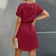 thumbnail image 3 of Vestido de Manga Corta para las Mujeres, Color Sólido Encaje Hasta Cintura Retracta Satén Tenedor Dividido, Cuello Redondo Midi, 3 of 8