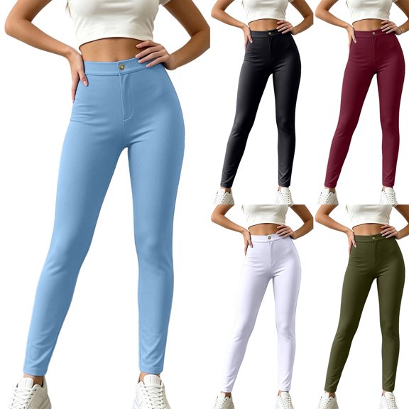 Tqcoqu Women's High Waist Stretch Skinny Pants,Solid Slim Fit Casual Ankle Length Button Closure Trousers for Workout Yoga