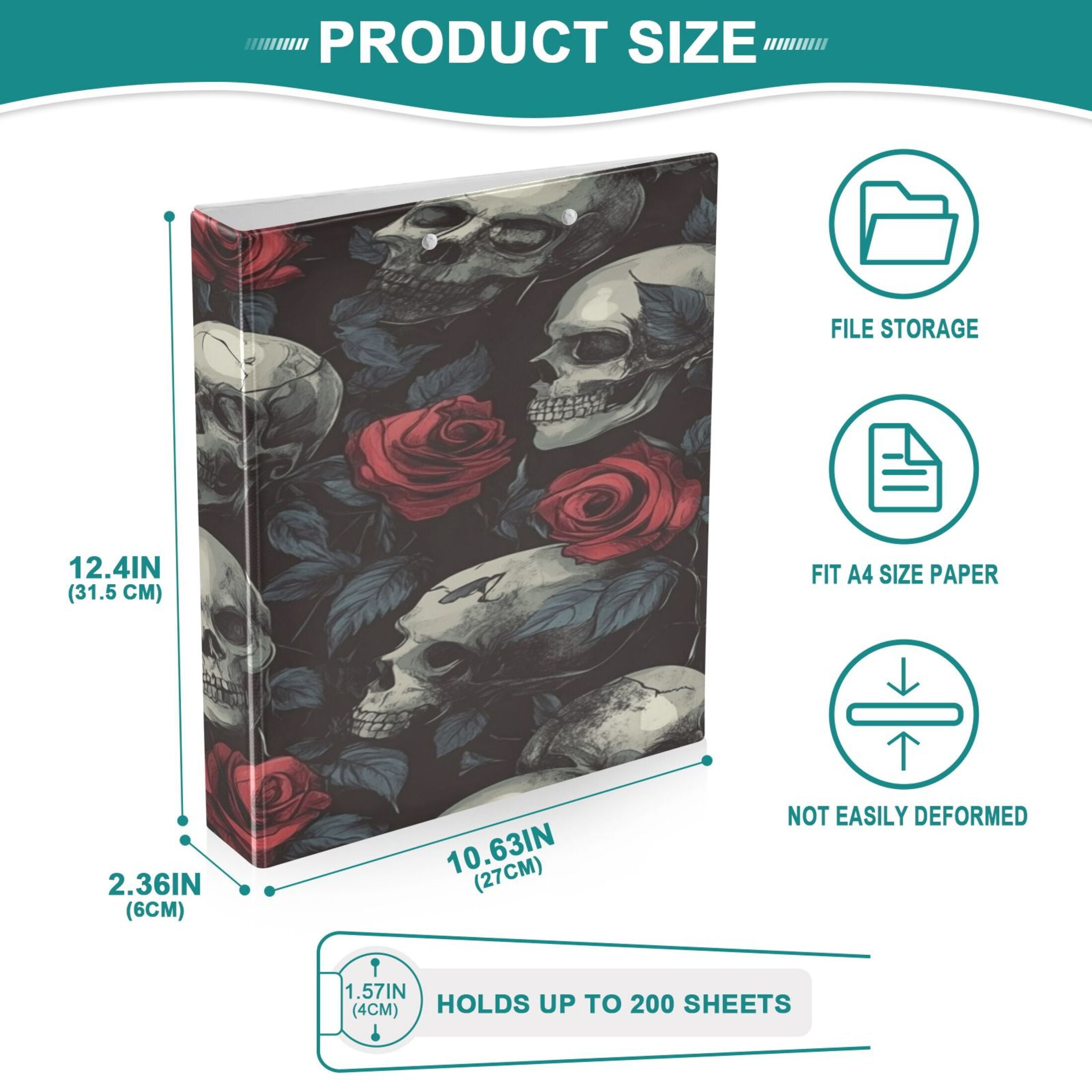 WOBOGO Skull Red Roses Pattern File Folders Extra Large Capacity to Hold 200 Sheets of Documents Hard Shell Ring Binder for School Home Office