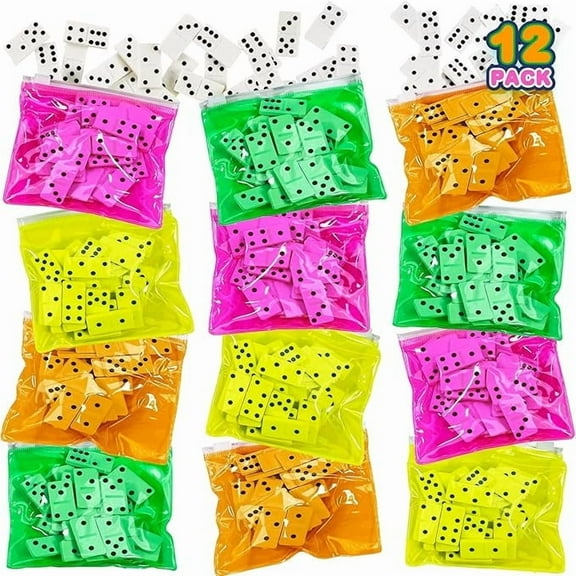 ArtCreativity 12-Pack Neon Plastic Domino Set – 28 Pieces per Bag, Party Favor & Carnival Game for Kids