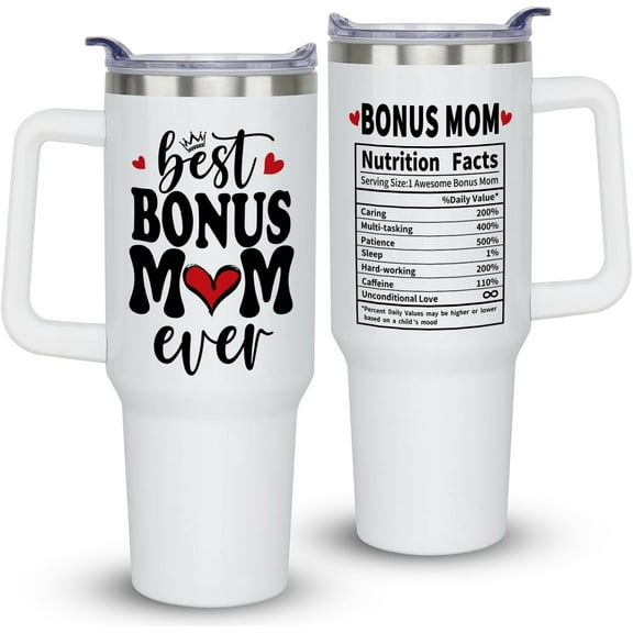 Best Bonus Step Mom Ever Mothers Day Birthday Christmas Gifts from Daughter Son, 40 oz Bonus Mom Cup Tumbler with Handle Lid and Straw, Gifts for Stepmom