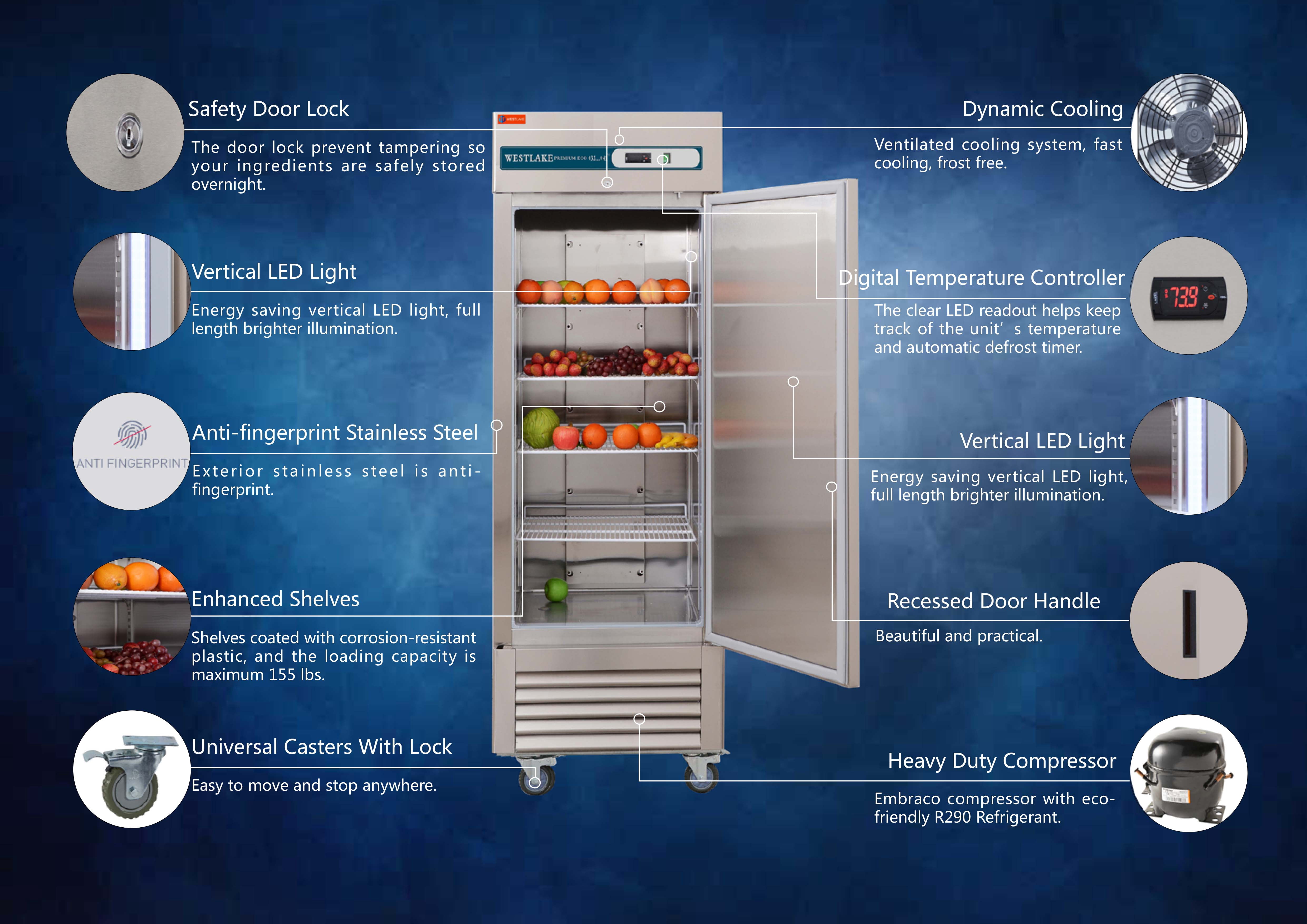 Westlake Commercial Reach In Upright Freezer WKF-23B Single Solid Door Stainless Steel 23 Cu. ft