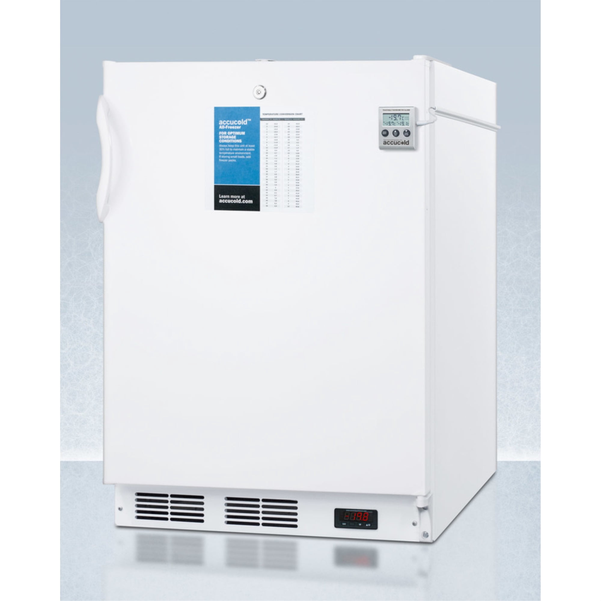 ADA compliant built-in undercounter all-freezer capable of -25 C operation; includes audible alarm, lock, and hospital grade plug