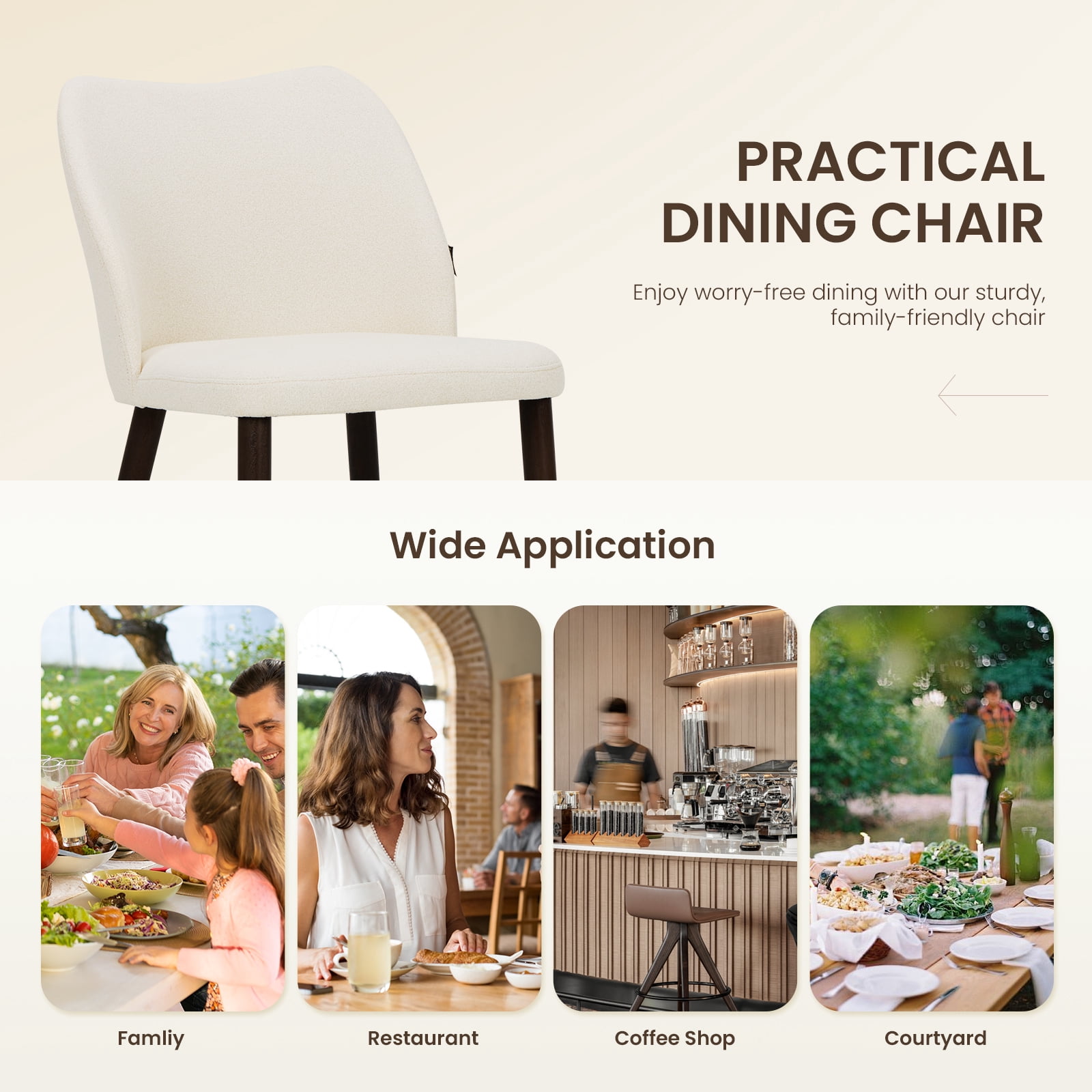 EOP Upholstered Dining Chairs Set of 2, Mid Century Modern Dining Room Chairs, Fabric Farmhouse Dining Side Chairs with Wood Legs, Armless Kitchen Chairs with Wingback, Beige