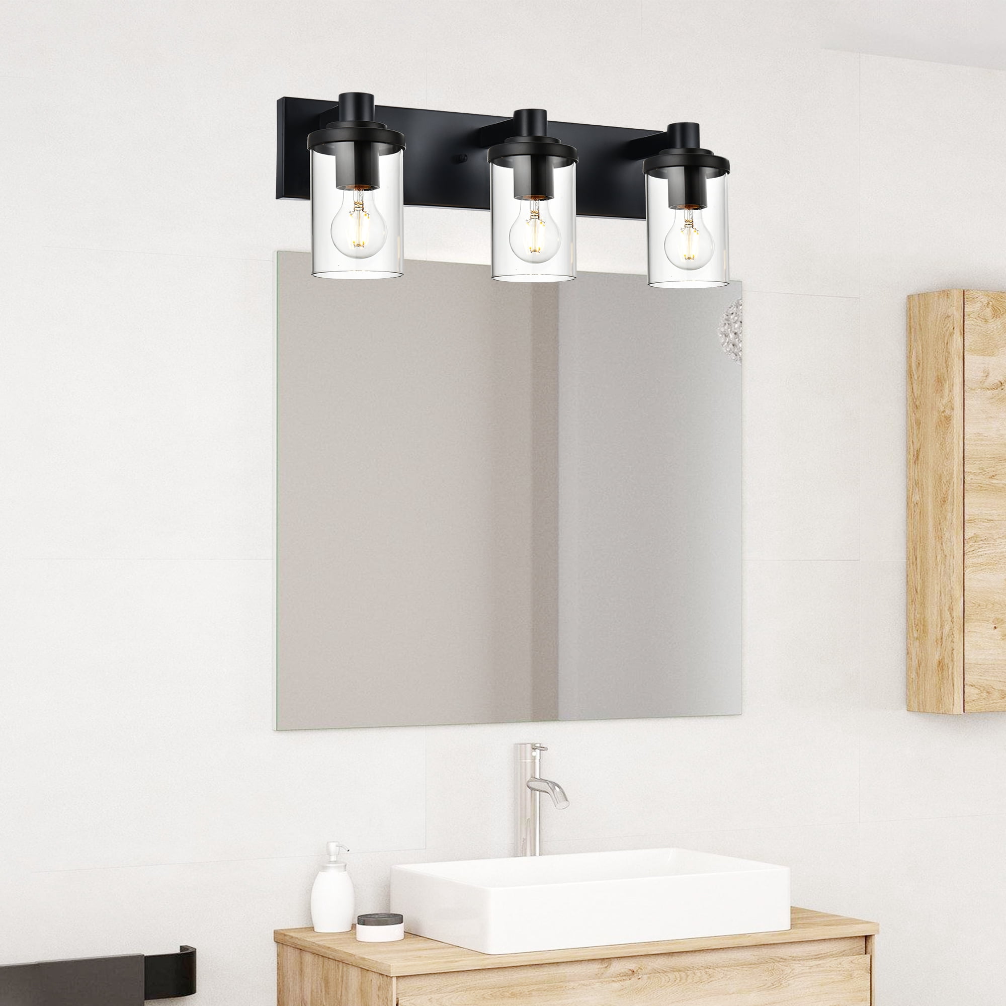 Melucee Vanity Wall Lighting, 3 Light Bathroom Vanity Light, Black Vanity Lights for Bathroom, Modern Bathroom Light with Clear Glass Shade, E26 Base, Bathroom Light Fixtures Over Mirror