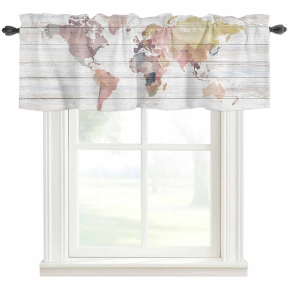 World Map Rod Pocket Curtain Valance, Farmhouse Abstract Illustration Wooden Grain Farmhouse Window Valance for Living Room, Bedroom, Kitchen 42"W x 18"L
