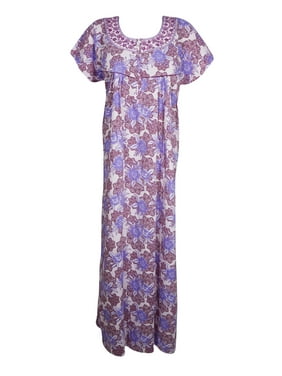 Mogul Women Maxi Dress, Purple White Floral Printed Sleepwear Loose Caftan Dress, Housedress, Nightwear Dresses XL