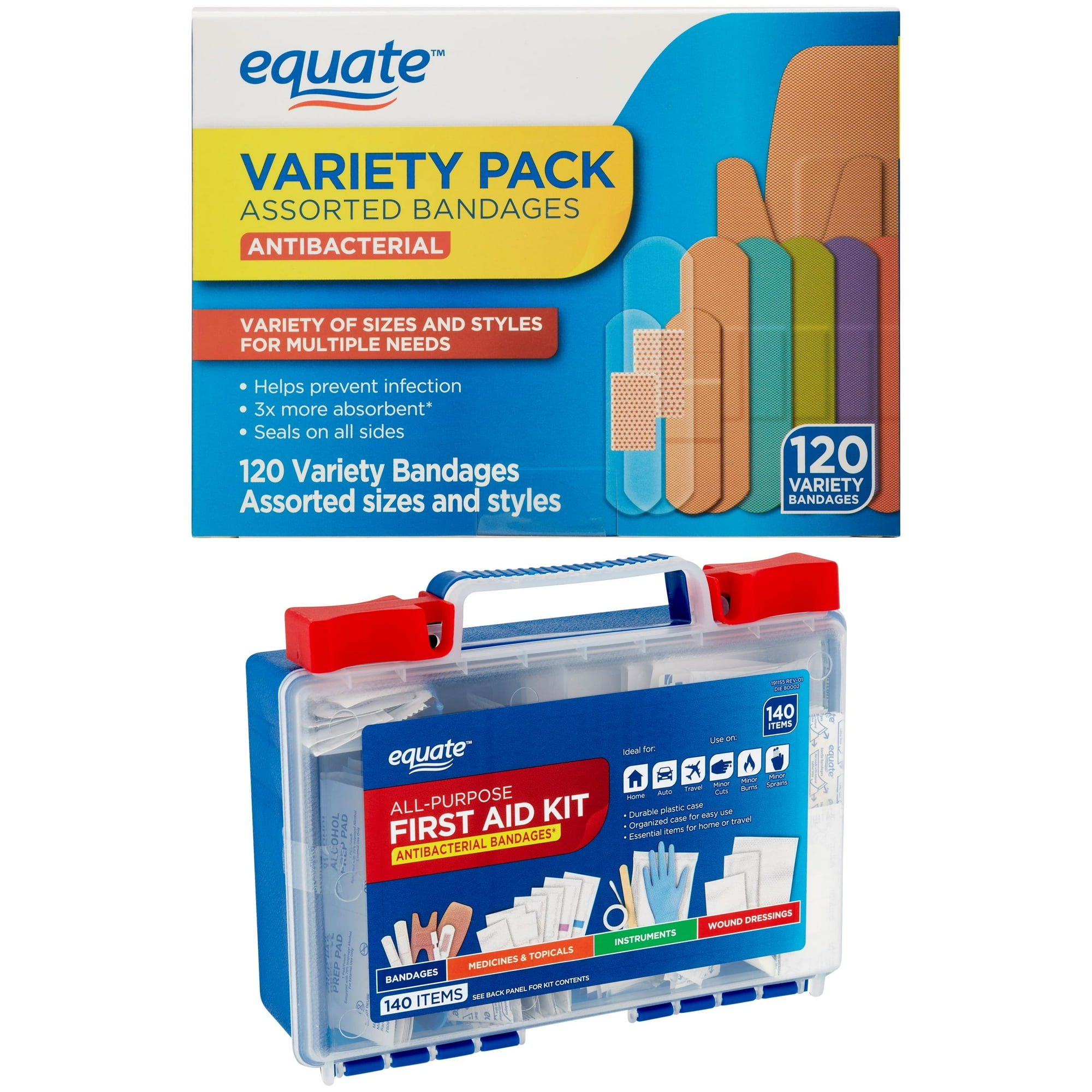 Equate All Purpose First Aid Kit & Equate Antibacterial Assorted Bandages Variety Pack