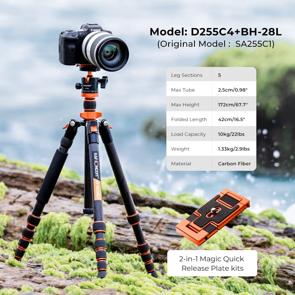 K&F CONCEPT 68" Carbon Fiber Camera Tripod,Compact Tripods with Metal Ball Head,Quick Release Plate,Detachable Monopod 10KG Load for DSLR Cellphone Tripods