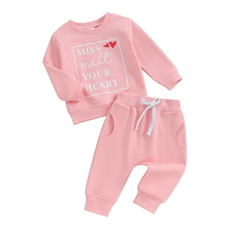 

Suealasg Kids Girl 2PCS Spring Outfits Long Sleeve Crew Neck Letters Heart Print Sweatshirt Top Elastic Waist Sweatpants 0-3 Years Toddler Baby Girl Valentines Day Clothes