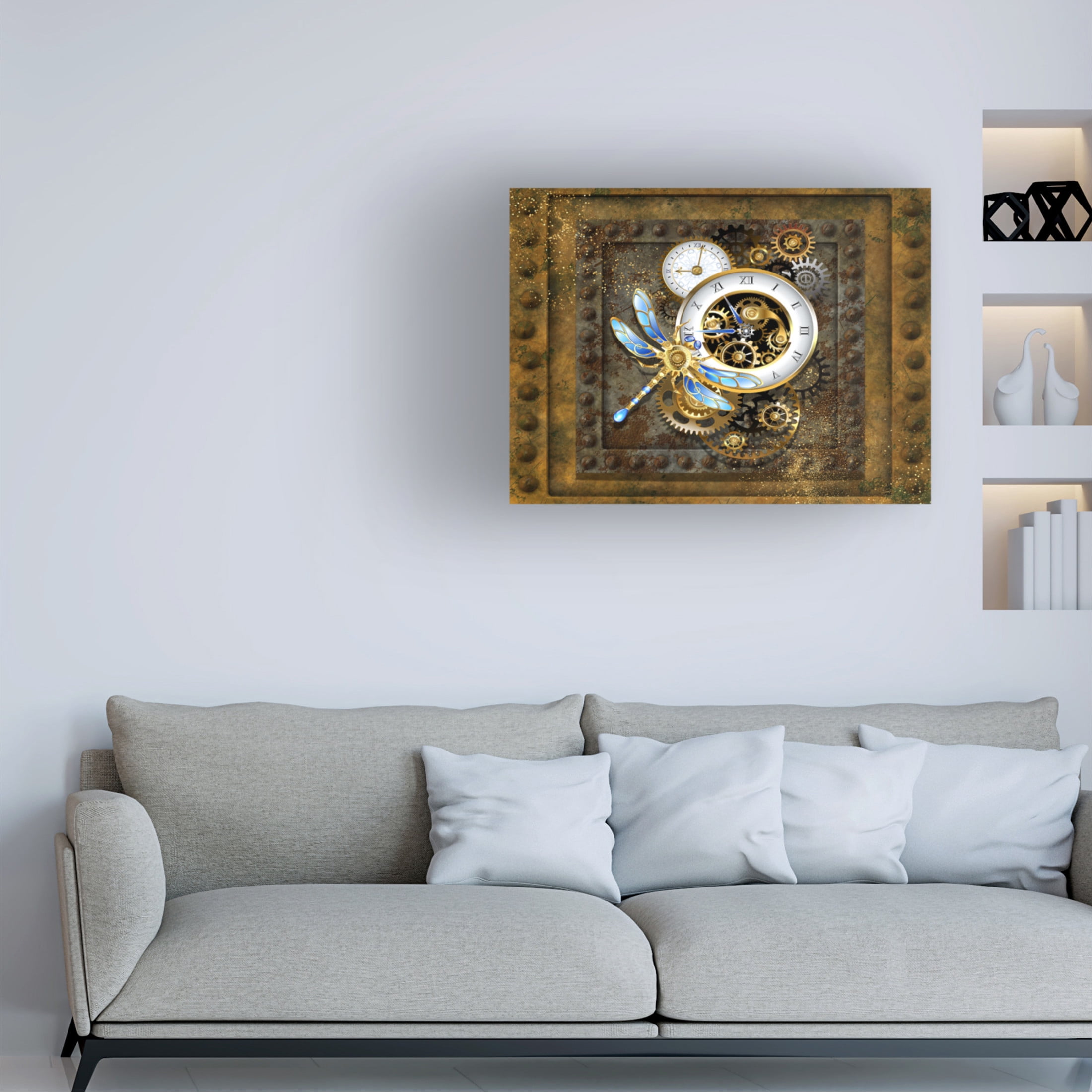 Canvas Wall Art - Tina Mitchell 'Steampunk Dragonfly Clock' Wall Art for Living Room, Bedroom, or Office Décor by Trademark Fine Art - 32 x 32 Inches