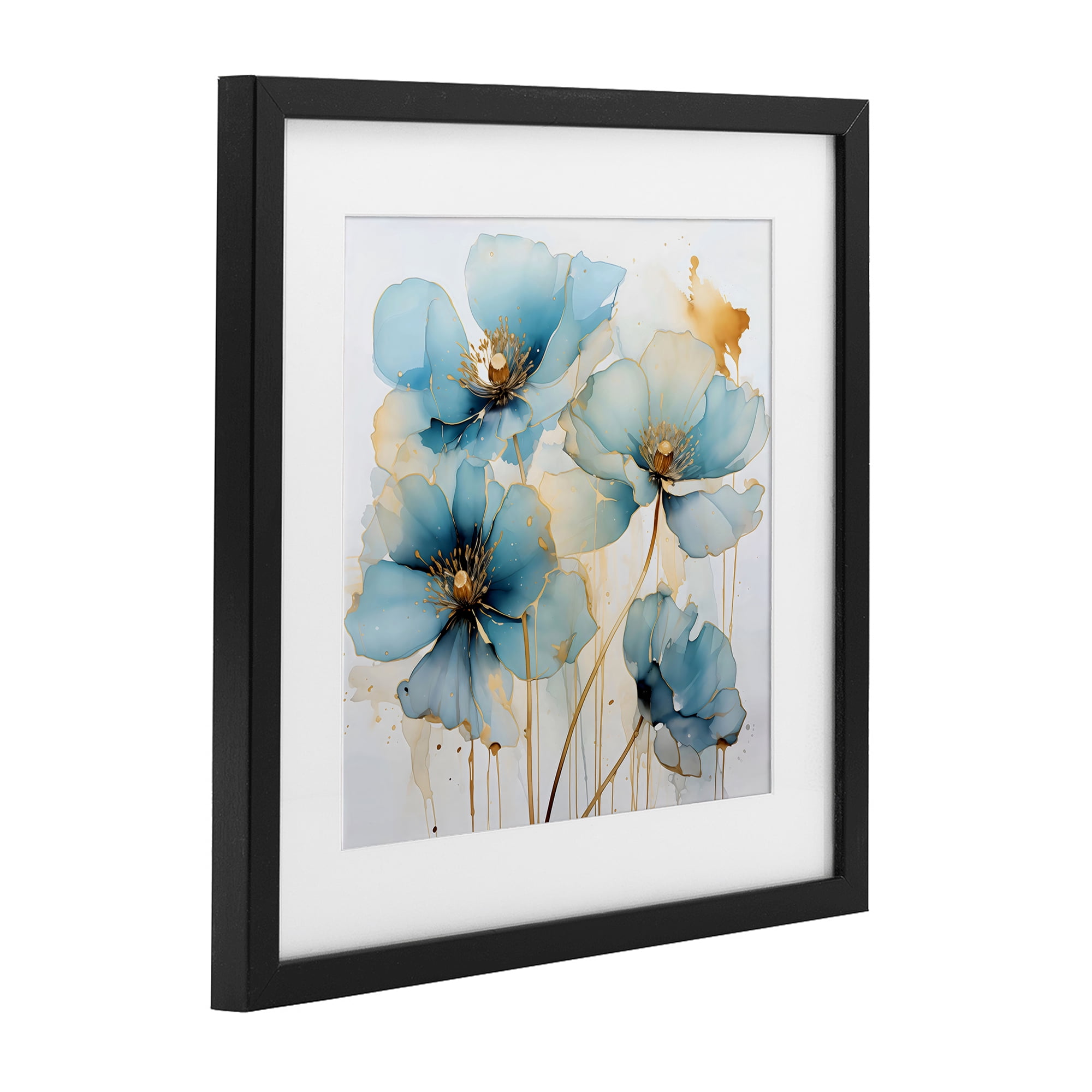Stupell Industries Sapphire and Gold Florals Black Framed Print Under Glass, design by Creative Studio