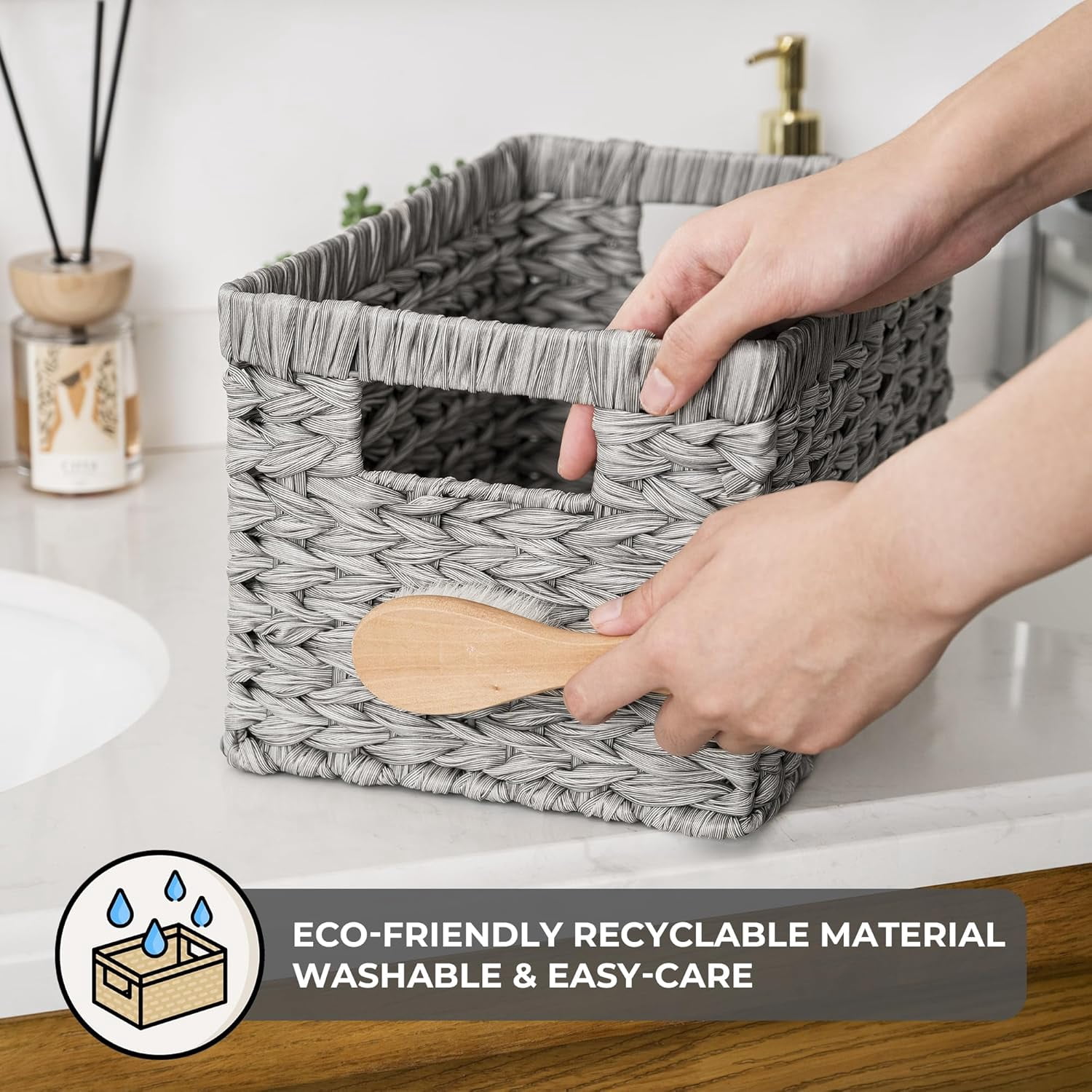 GRANNY SAYS Wicker Storage Baskets for Shelves, Waterproof Woven Baskets for Organizing, Hand Woven Rectangle Basket for Pantry, Gray, 2-Pack