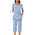 thumbnail image 6 of Nmnitkp Pajamas for Women Set Soft and Friendly Skin Women Pajamas Sets Boho Floral Pleated Loungewear Short Sleeve Button Crewneck Tops and Capri Pants 2 Piece Outfits with Pockets, 6 of 7