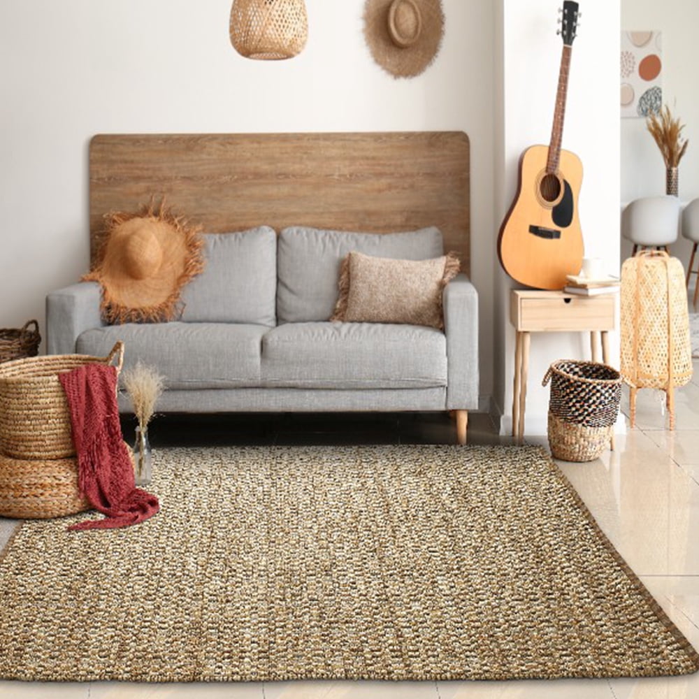 LR Home Ollie 9' x 12' Brown/Beige Checkered Stripe Braided Jute Indoor Area Rug