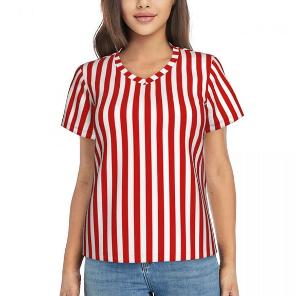 Woman T-Shirt Summer Candy Stripes Tshirt Red and White Stripe Elegant T Shirts Short Sleeves V Neck Printed Oversize T