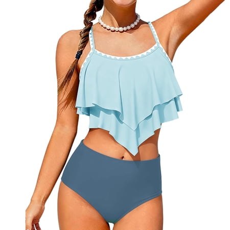Letdown Girls Swimsuit 2 Piece Bikini Set Tiered Ruffled Bathing Suit Two Piece Girls Swimwear with Adjustable Straps Summer Beach