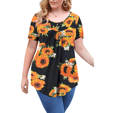 VERABENDI Women's Plus Size Tops Summer Short Sleeve Loose Fit Tunic Blouses Floral Flowy Shirts,1X/2X/3X/4X