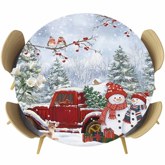 Christmas Round Tablecloth 45-54 Inch Round Fitted Table Cloth with Elastic Edge, Red Truck Snowman Xmas Tree Snowflake Waterproof Table Cover Protector for Outdoor Picnic Party Dining