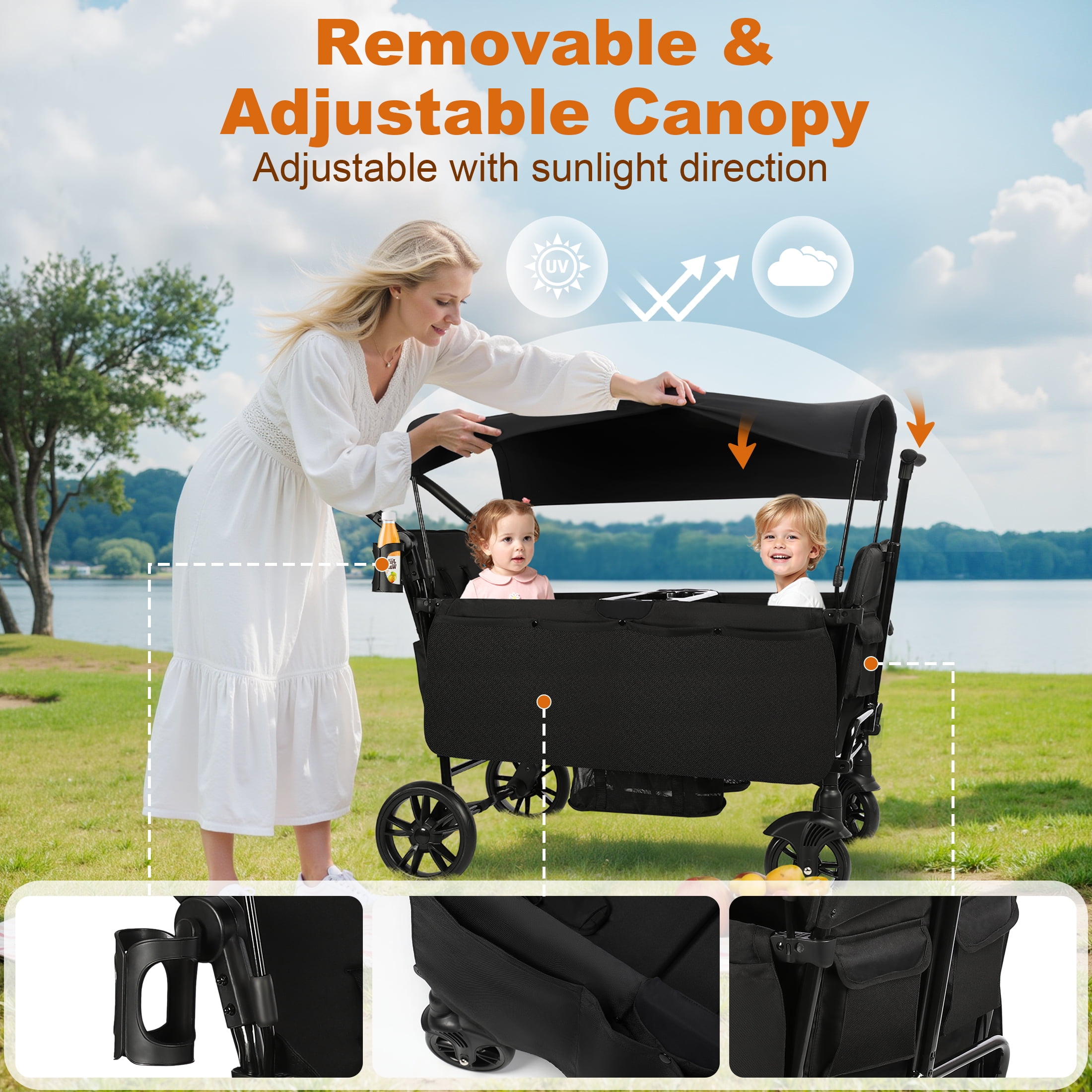 Vomeast Wagon Stroller with 2 Seats and Sunshade Grey