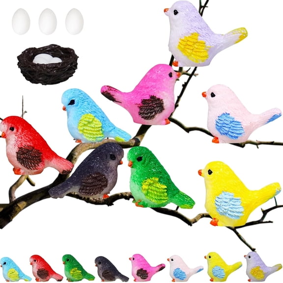 12pcs Bird Decorative Figurines, Miniature Bird Figurine Resin Birds Nest Eggs, Fairy Animal Cute Model, Micro Landscape Home Garden Decor, Miniatures Crafts Cake Toppers