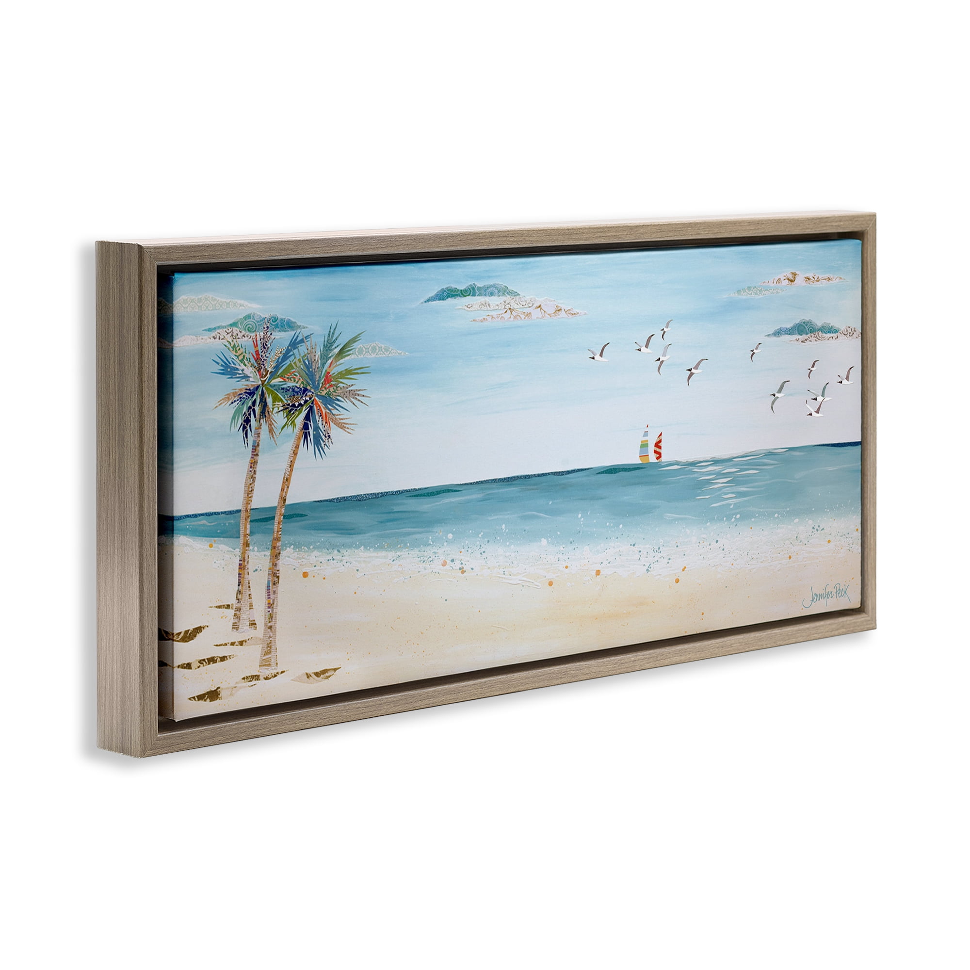Stupell Industries Seagulls & Palm Beach Landscape Painting Brown Floater Framed Canvas Art Print Wall Art, 25 x 11
