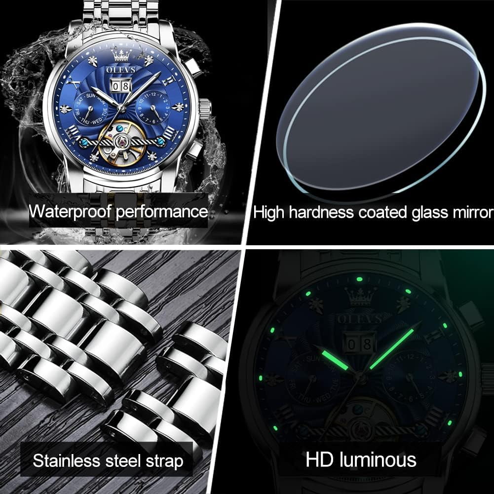 OLEVS Watch for Men Automatic Skeleton Tourbillon Mechanical Self Winding Business Luxury Dual Calendar Stainless Steel Luminous Waterproof Man Wrist Watches Blue Dial