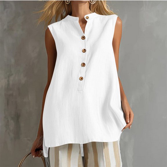 Xdegoge Cotton Linen Tops for Women V Neck Stand Collar Button Down Sleeveless Tunic Tank Top Relaxed Fit Casual Office Fashion Trendy Travel Blouses