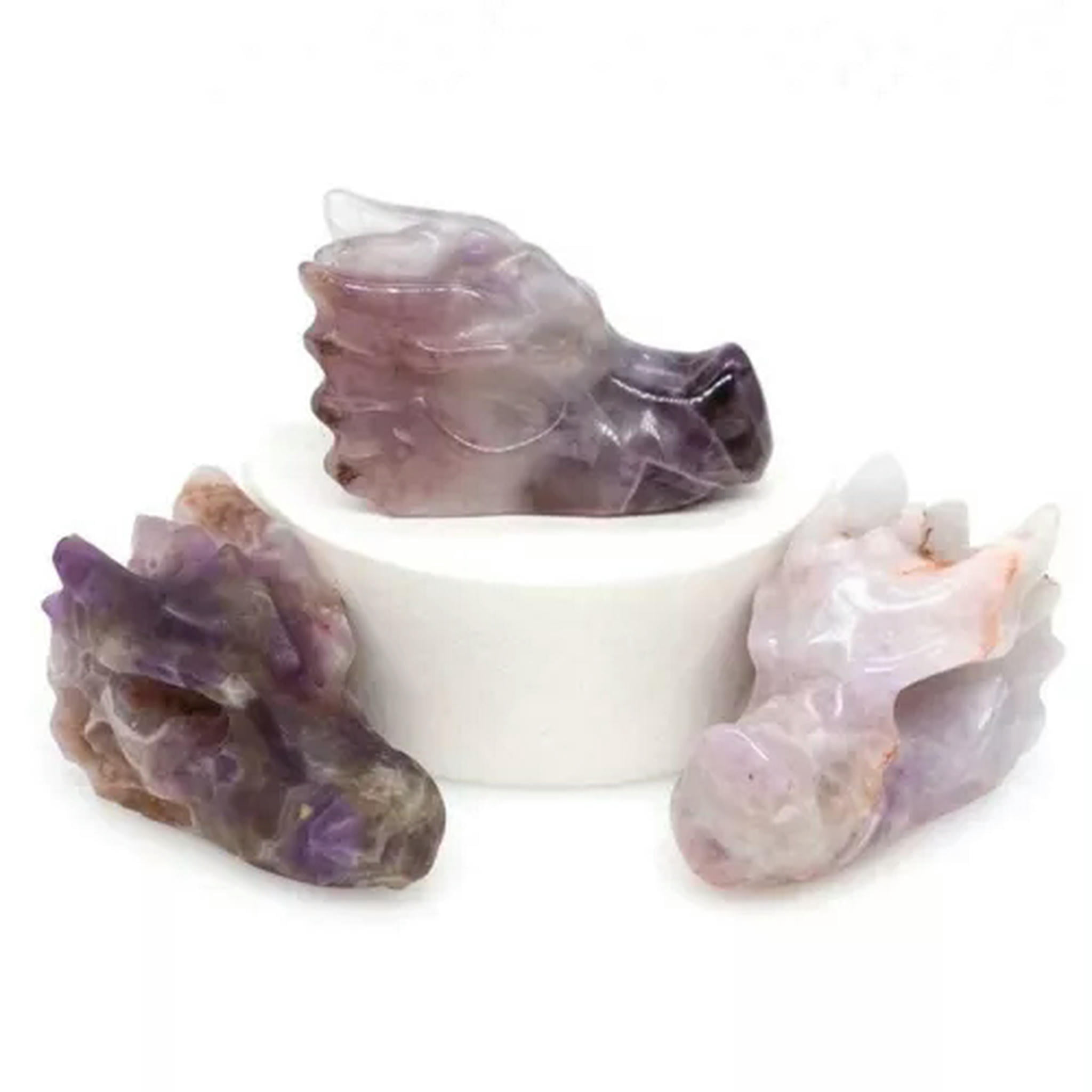 EOEMY 1.5’’ Natural Quartz Crystal Lifelike Dragon Head Skull Skeleton Figurine Gift- Amethyst Quartz-5Pcs