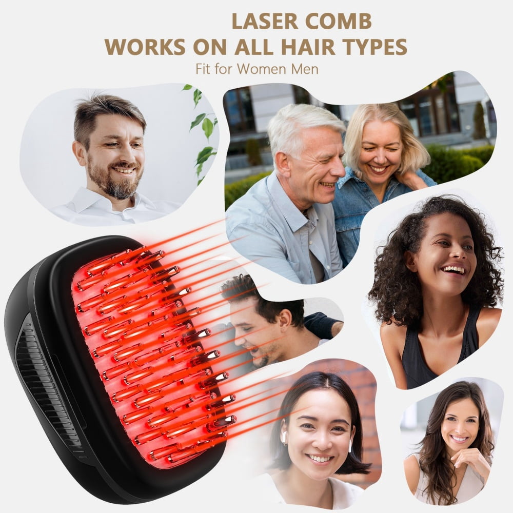LaseLocks Red Light Massage Comb - 40 x 660nm LED Beads + 8 x 650nm LED Beads, Rechargeable, Compact Travel Design with Detachable Storage Pouch-Black