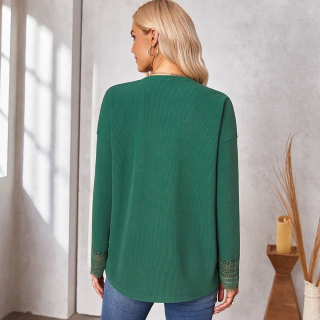 Pure Color Shirts, Drop Shoulder T Shirt Stylish Casual Lace Patchwork For Women For Party ANGGREK Celadón M