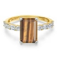 thumbnail image 3 of Gem Stone King 14K Two Tone Gold Brown Tiger Eye and Lab Grown Diamond Engagement Ring for Women | 3.72 Cttw | Emerald Cut 10X8MM | Gemstone Birthstone | Size 5, 3 of 6