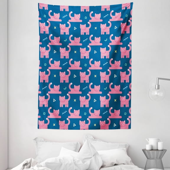 Kitten Tapestry, Cartoon Style Whimsical Cats and Various Geometric Motifs Modern Design, Wall Hanging for Bedroom Living Room Dorm Decor, 60W X 80L Inches, Petrol Blue and Pink, by Ambesonne