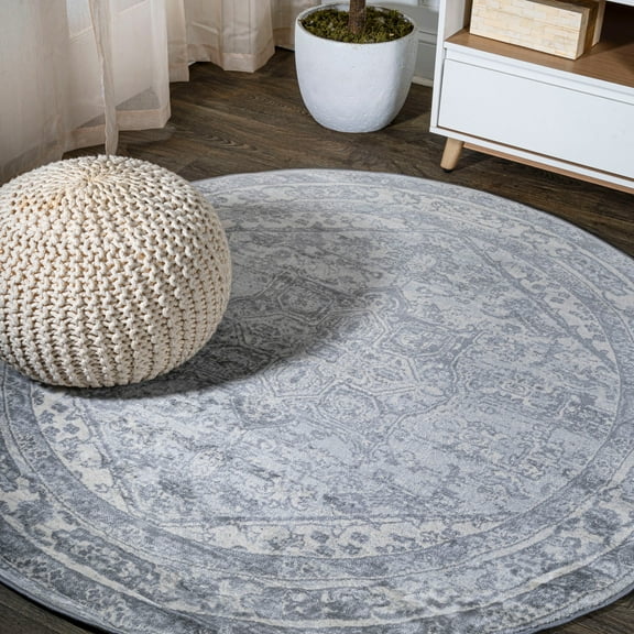 JONATHAN Y MODERN PERSIAN 5' Round Area Rug, Vintage Medallion - Light Gray/Ivory, MDP106C-5R