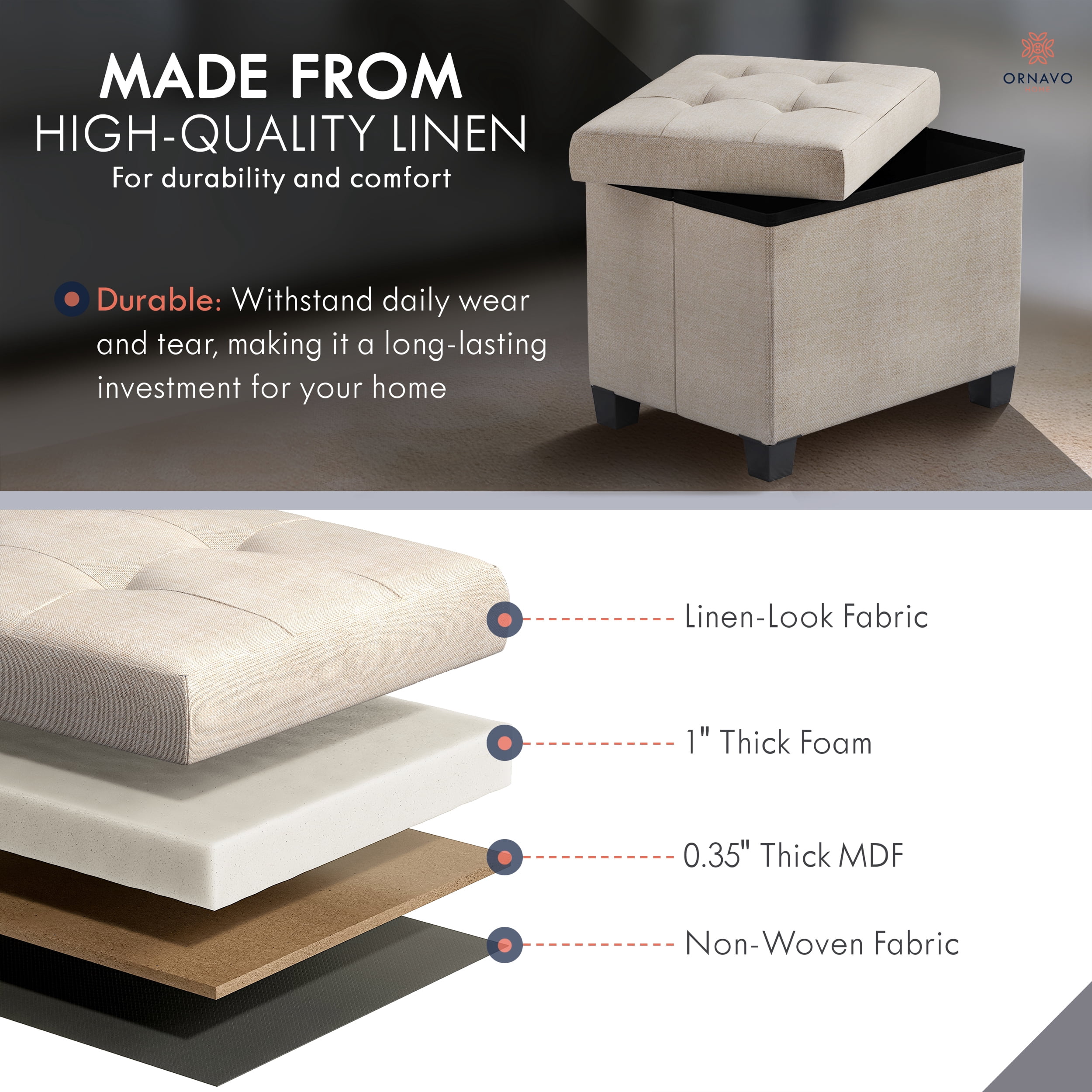 Ornavo Home Storage Ottoman Small Rectangle Ottoman with Legs, Foot Rest Stool Seat, Load up to 600 LB, for Living Room, Bedroom, Home Office, Dorm - 12 x 16 x 12, Beige