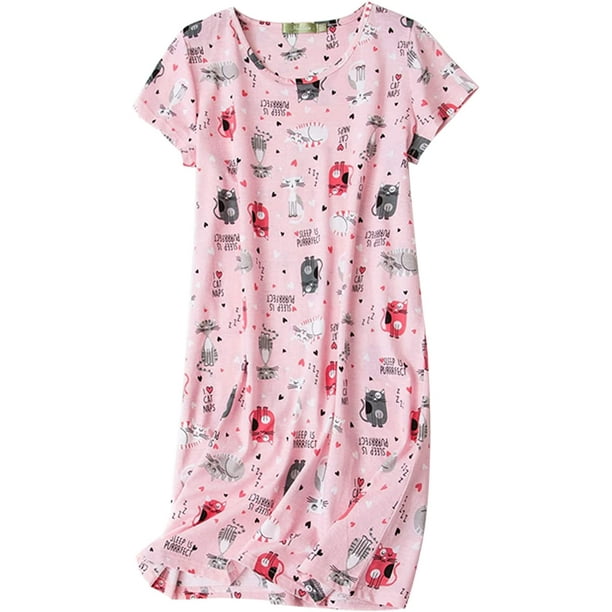 Women's Cotton Nightgown Sleepwear Short Sleeves Shirt Casual Print