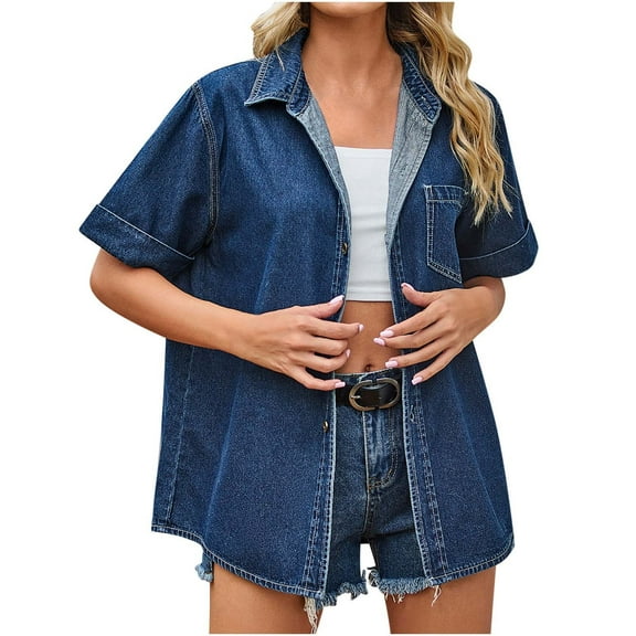 Lovskoo Denim Shirt Women Summer Tops Button Down Collared Short Sleeve Spring Solid Color Casual Lapel Denim Shirt Dark Blue