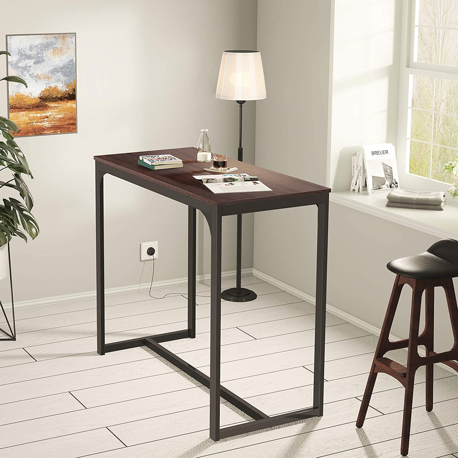 Bar Table, Pub High Top Table with Black Metal Base and Vintage Textured Top