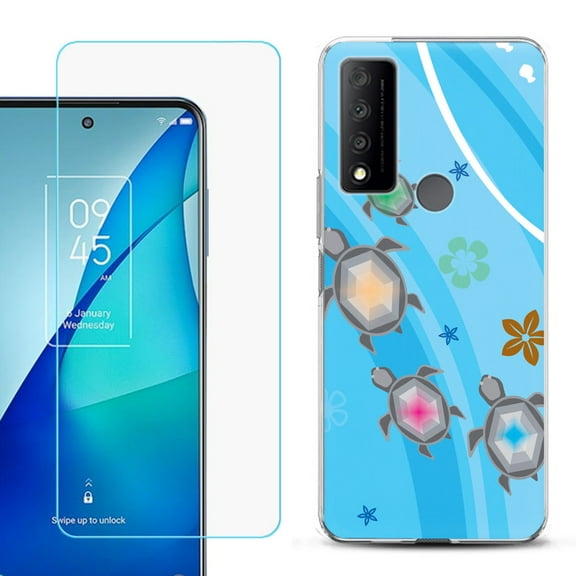 Slim-Fit Gel TPU Phone Case for TCL 4X 5G, with Tempered Glass Screen Protector, by OneToughShield ® - Happy Turtle