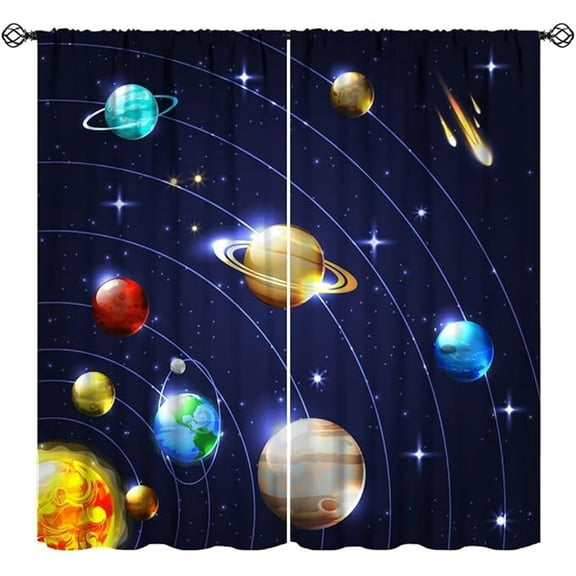 Solar System Curtains, Cartoon Outer Space Fantasy Starry Planet Galaxy Glitter Print Window Curtains For Kids Chidren Bedroom Living Room 42"W x 84"L (Pack of 2)