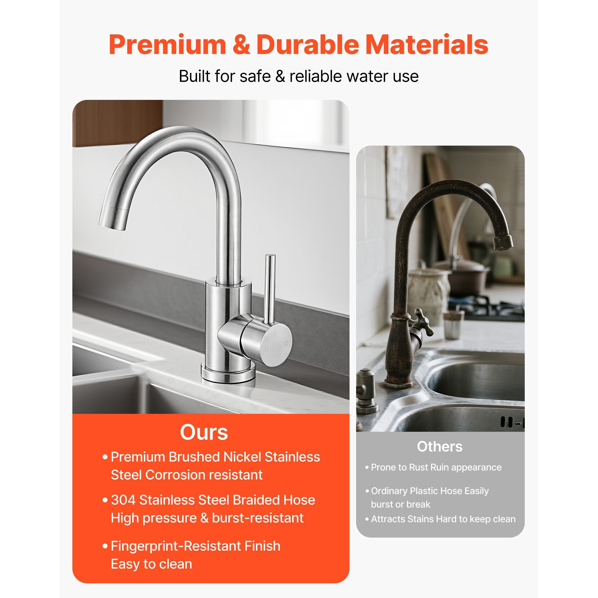 Kitchen Faucet Single Handle 360° Rotating High-Arch Stainless Steel Push-Button Drain for Bar RV Sink