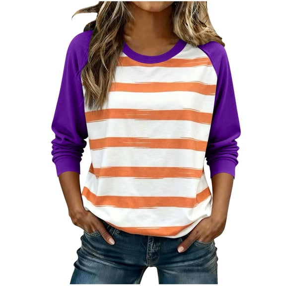 Striped Tops for Women Raglan Long Sleeve Crewneck Casual Lightweight Colorblock Sweatshirts Loose Fit (XL, Purple)
